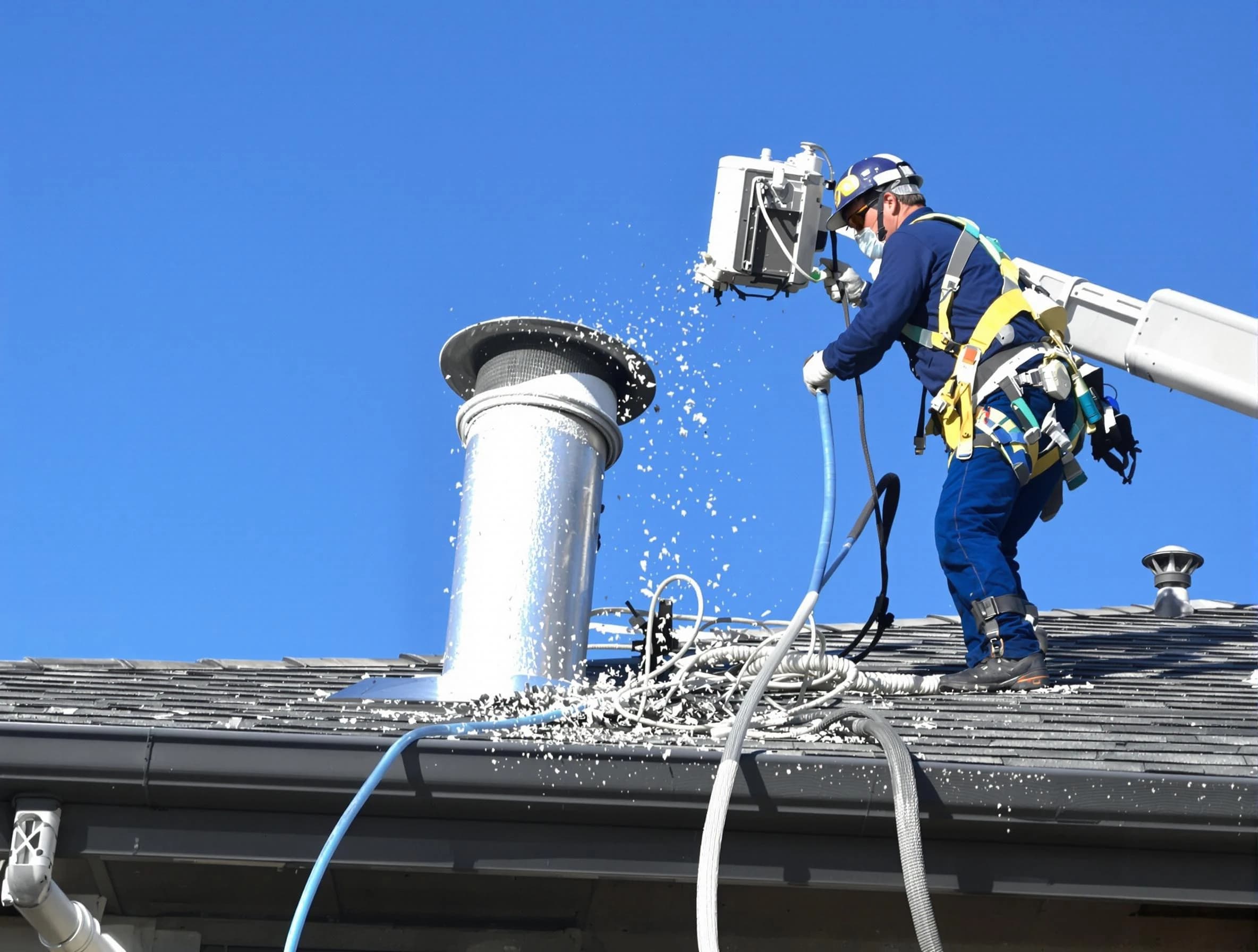 Irondale Dryer Vent Cleaning certified technician safely cleaning a roof-mounted dryer vent in Irondale